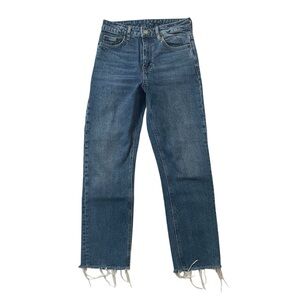 Topshop medium/dark wash high waisted frayed hem ankle jeans size 25